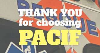 the words "Thank You for choosing PACIF" superimposed on photo of the back of a rescue vehicle