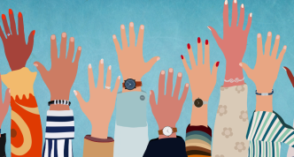raise hands in a variety of skin colors and shirt sleeve styles