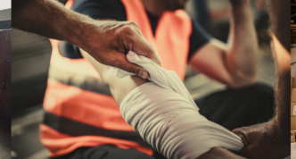 man holding head, worker holding bandaged arm, worker holding leg in pain