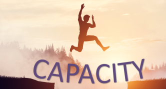 person jumping a gap between rocks bridged by the word "capacity"