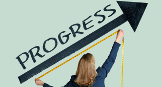 woman holding tape measure and measuring an upward pointing line with "progress" above it
