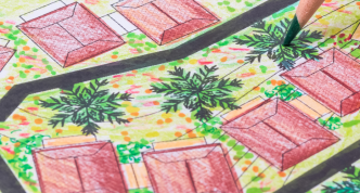 plan depicting houses, roads, and landscaping