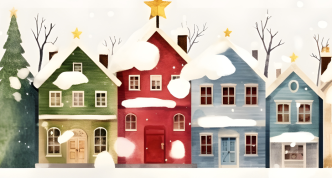 watercolor of snowy village buildings