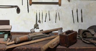 a workbench with woodworking tools