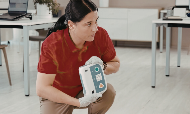 woman holding an automated external defibrillator and explaining how to use it to a group of people