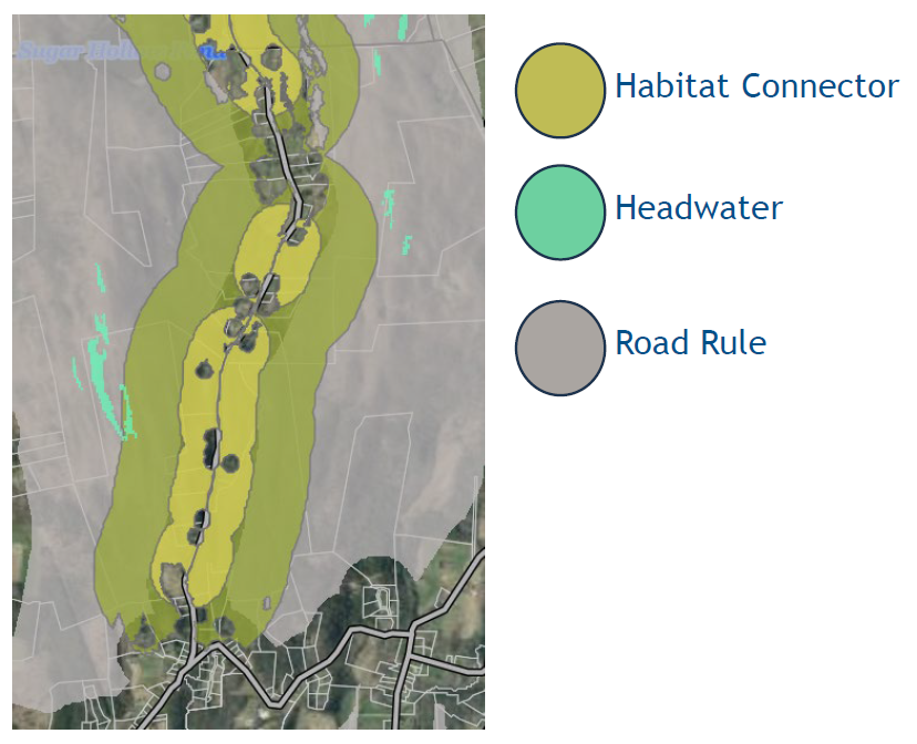 Map of Pittsford modeling how the Road Rule and Tier 3 would affect development on Sugar Hollow Road