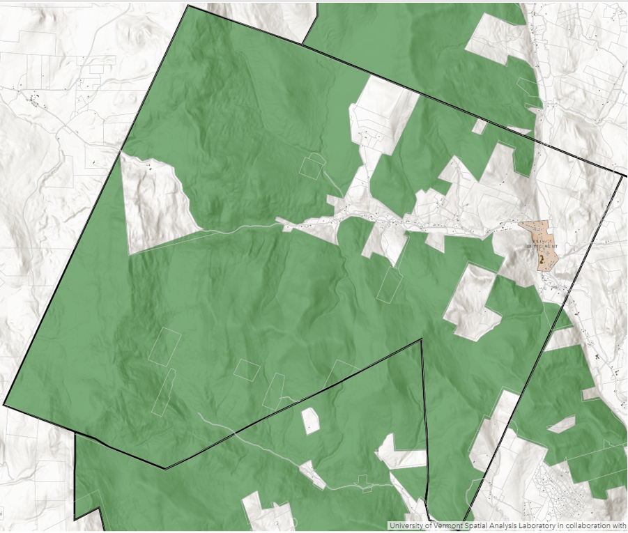 Map of Stowe, Vermont showing the vast majority of property in green (as non-taxable?)