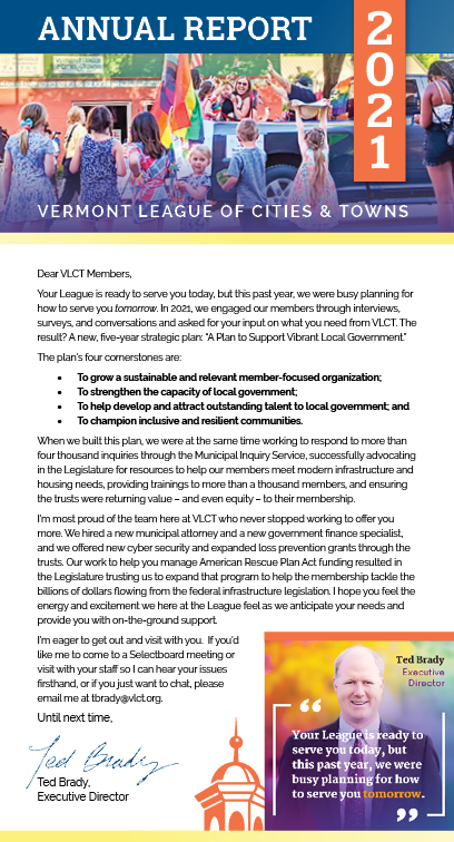 Page 1 of VLCT's annual report. With letter from executive director Ted Brad. 
